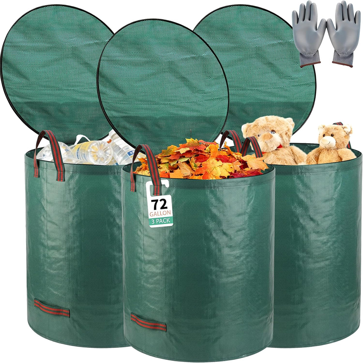 3PK 72Gal Tear-Resistant Lidded Reusable Yard Waste Bags & Gloves