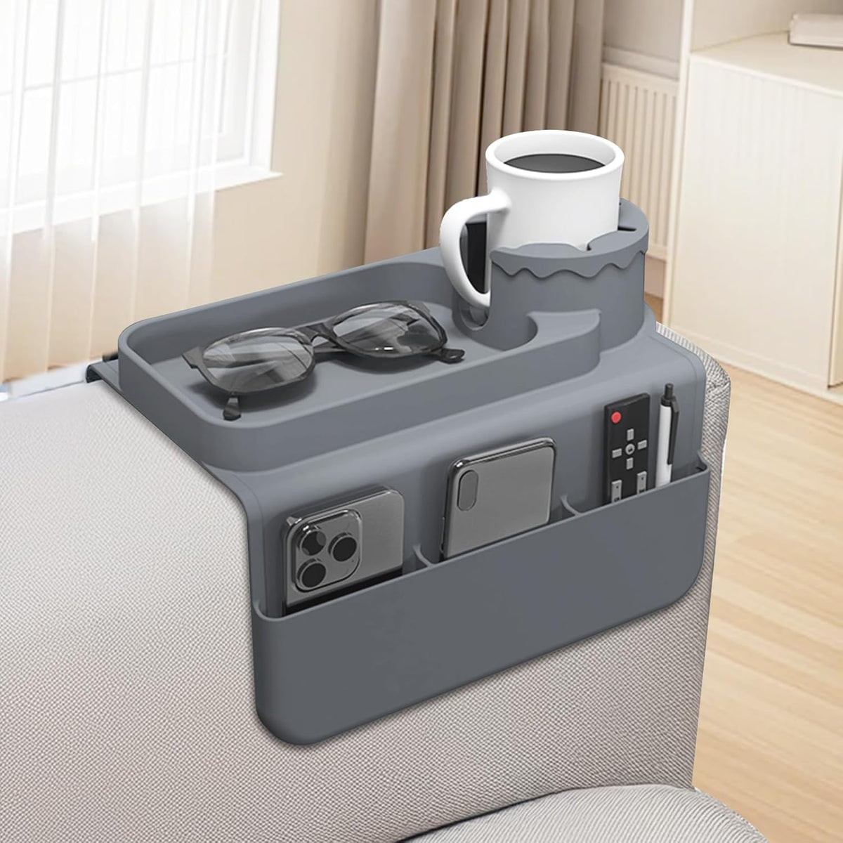 Couch Cup Holder Tray, Silicone Sofa Armrest Organizer with Side Pockets for Storage Remotes, Cell-Phone,Tablet or Snack, Anti-Spill and Anti-Slip Sofa Arm Tray for Recliner, Armchair Caddy (Gray)