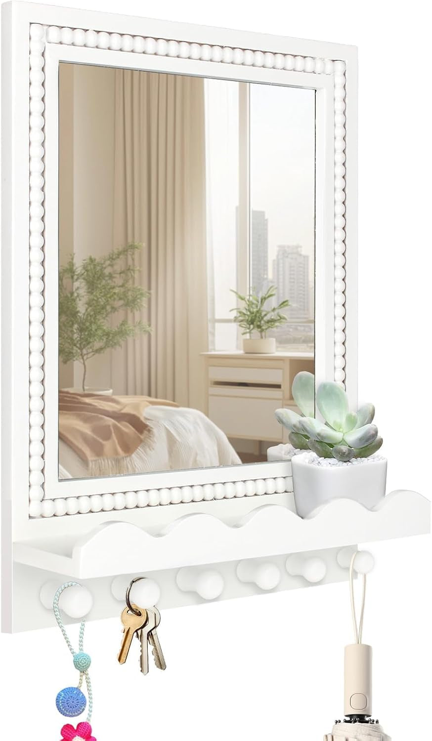 Tirzah 16X12 Inch Wall Mount Beaded Wood Framed Mirror with Shelf and 6 Hooks, White Decorative Entryway Mirror with Storage for Laundry Room, Bathroom, Bedroom