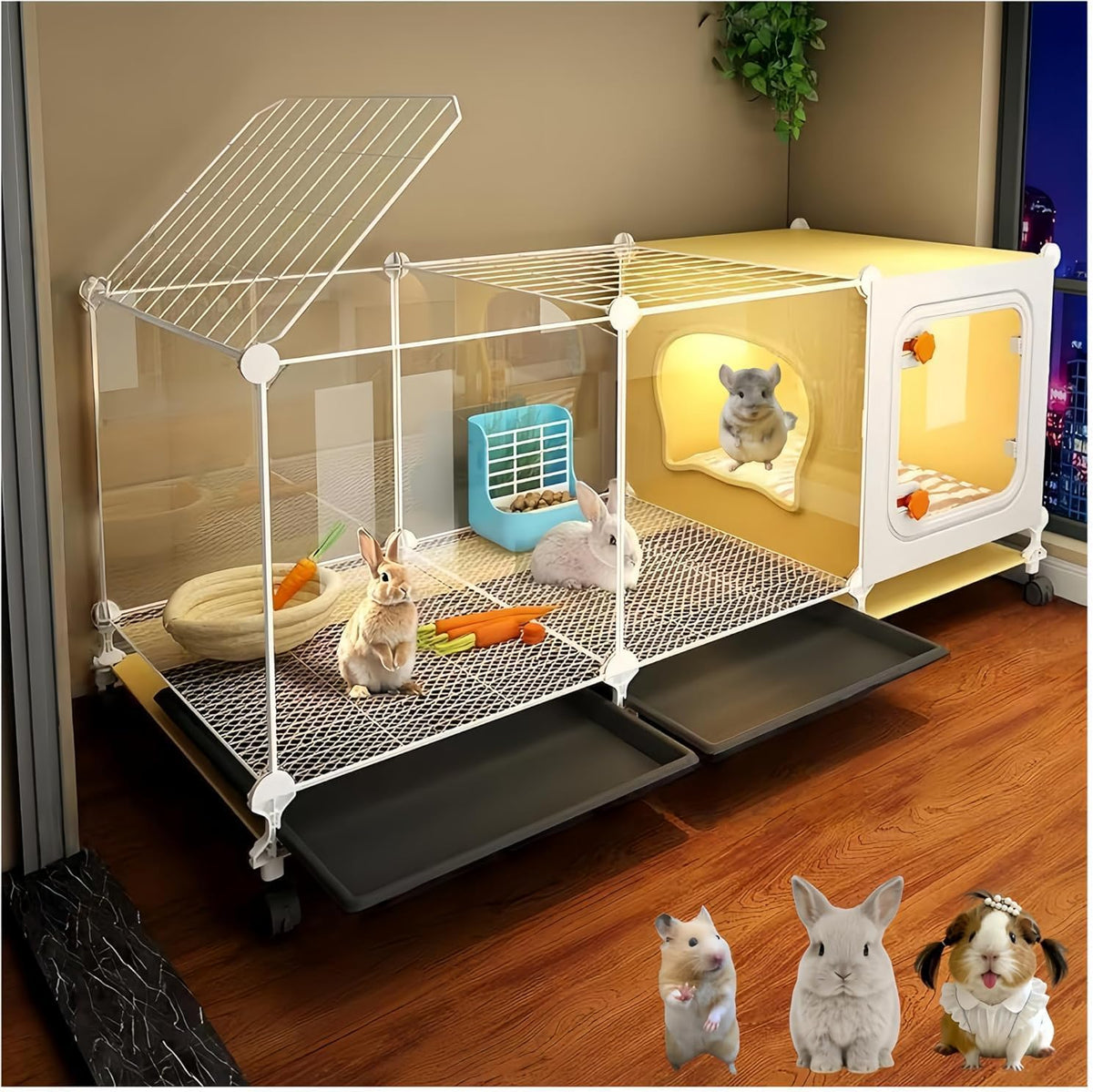 Rabbit,Guinea Pig Cage with Wheels,Small Animal Cage, Has Food Bowl, Bed