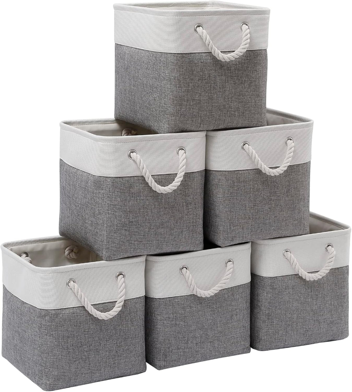 Cube Storage Bins, 6 Pack Collapsible Fabric Storage Cubes, 11 Inch Cube Organizer Bins with Handles (White/Gray)