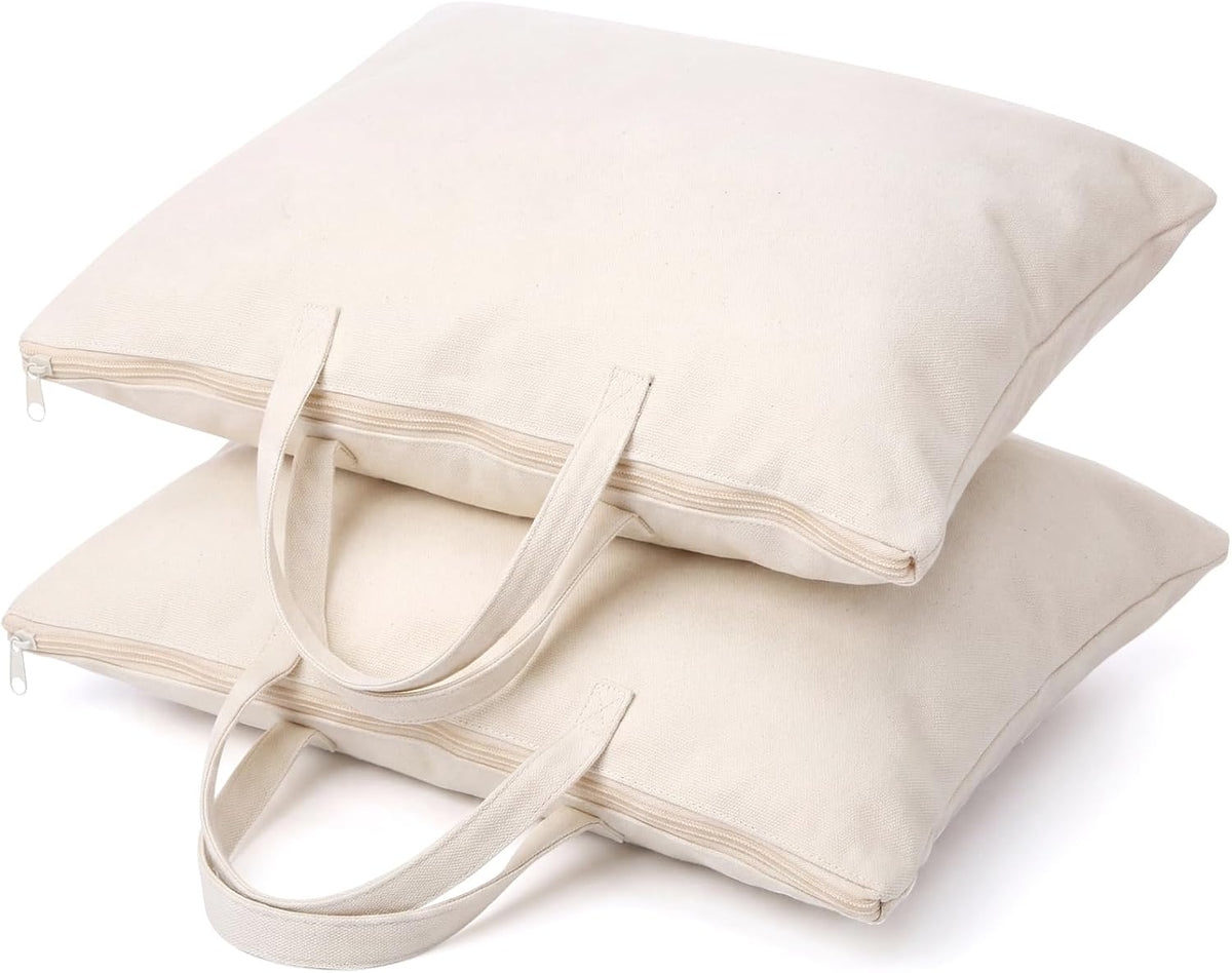 2 Pack Travel Pillow and Blanket Bags, 100% Cotton Canvas Pillow Storage Bag with Handles for Airplane Home, Heavy Duty Breathable Organizer for Bedding Linens, Pillow Bag for Traveling(2,20"X26")