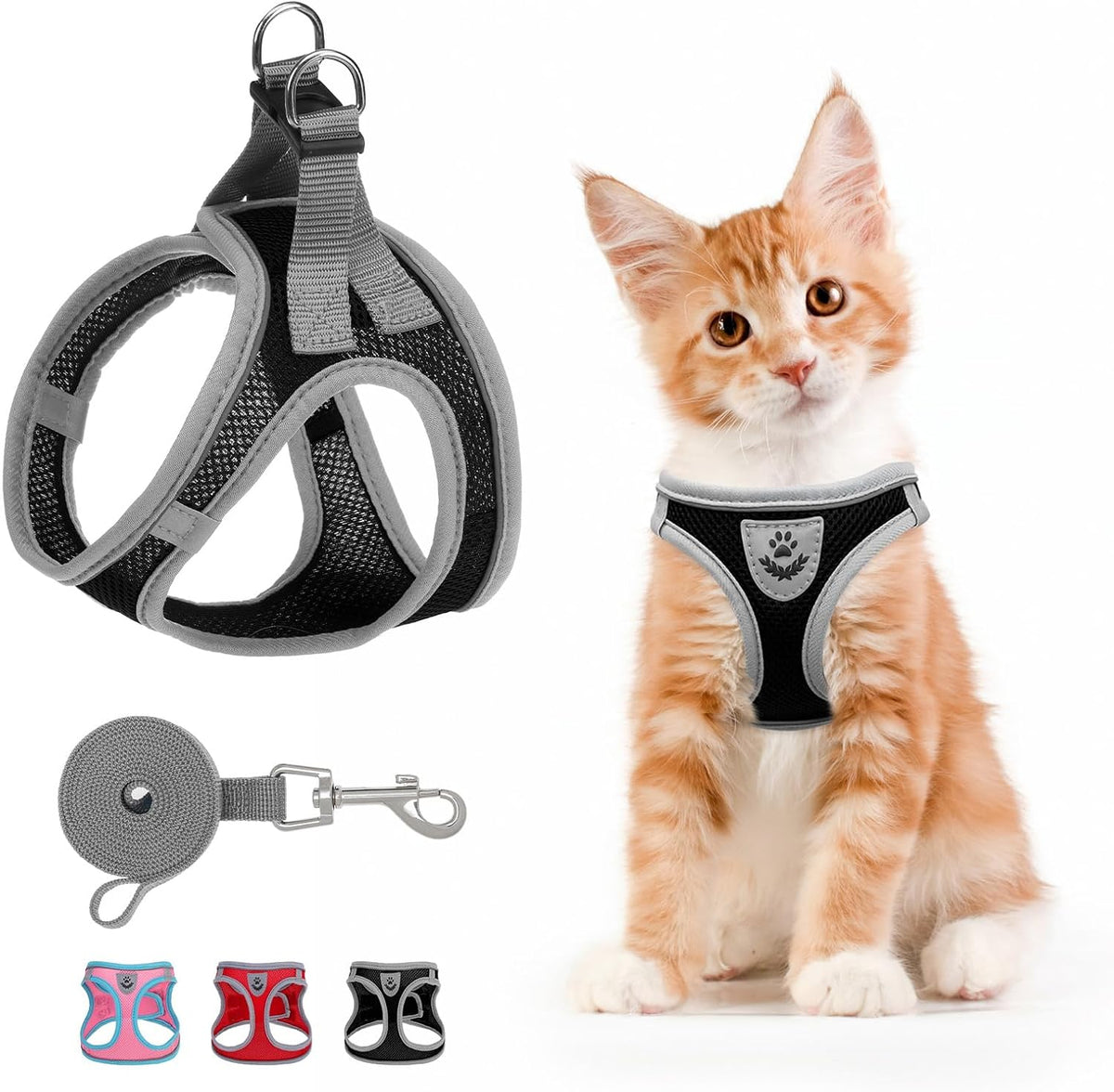 Cat Harness and Leash Set Escape Proof, Adjustable Soft Air Mesh Kitten Harnesses for Girls Boys Small Medium Big Cats, Reflective Light Travel Pet Walking Vest for Puppy Rabbit, Black S