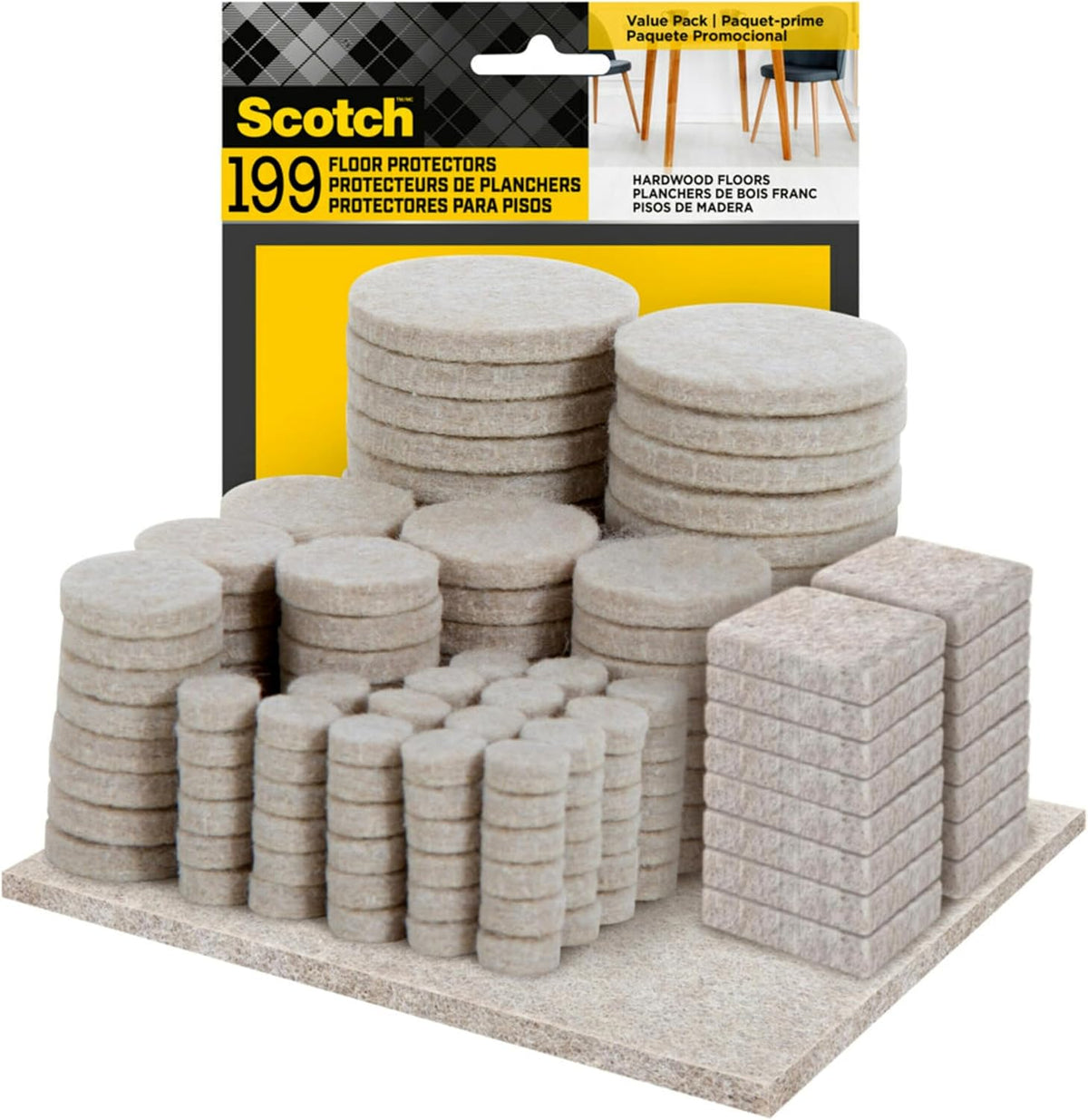 Scotch Felt Pads 199 PCS Beige, Felt Furniture Pads for Protecting Hardwood Floors, Round, Assorted Sizes Value Pack, Self-Stick Design, Protecting from Nicks, Dents and Scratches (FP845-199NA)
