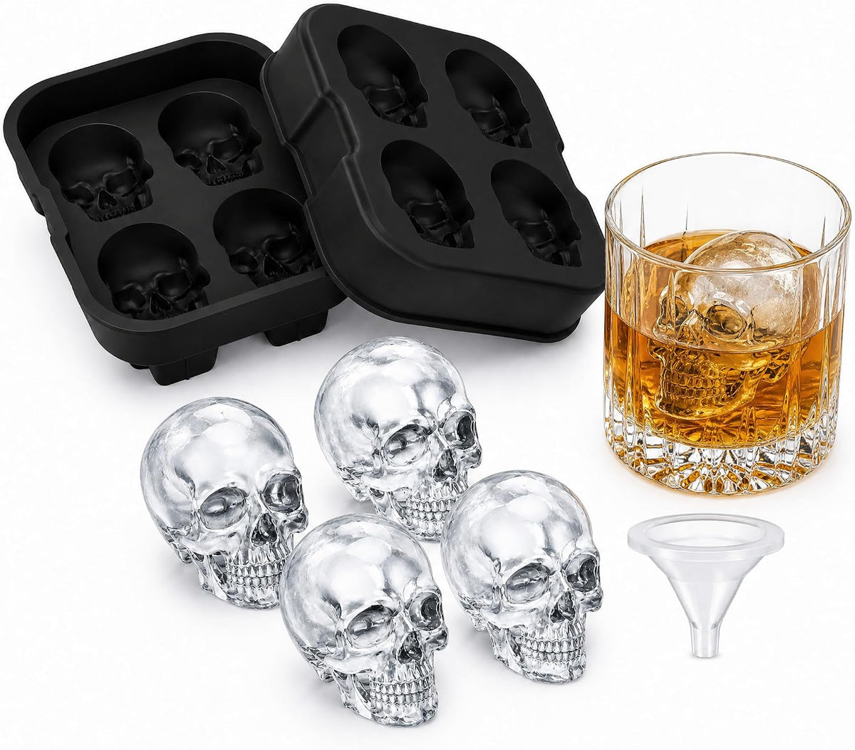 Upgraded 3D 4-Cup Skull Ice Cube Mold W/Reinforced Hard Base & Funnel Lid, Bpa‑Free Silicone Tray for Whiskey Cocktail Juice, Halloween Men Gift, DIY Chocolate Candy Jelly, Single‑Pack, Black