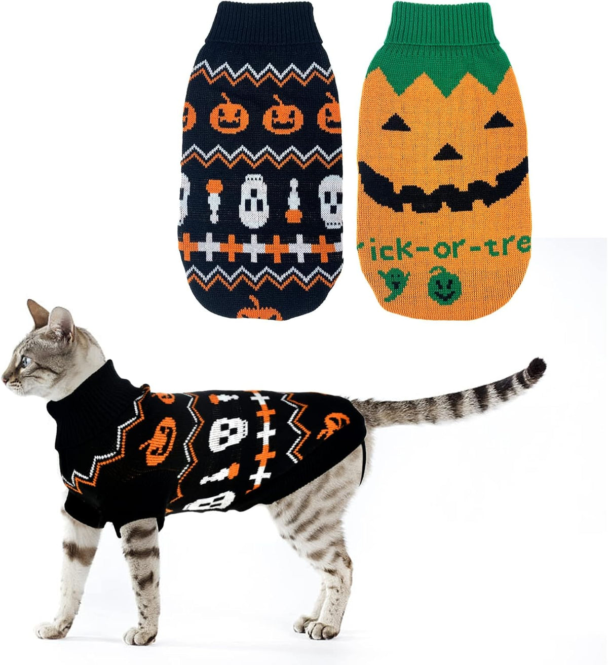 2Pcs Pet Halloween Sweaters Dog Halloween Pumpkin Sweater Kitten Cat Holiday Theme Turtleneck Knitwear Shirt with Pumpkin Skull Patterns Dog Puppy Halloween Costume Clothes for Small Dogs S