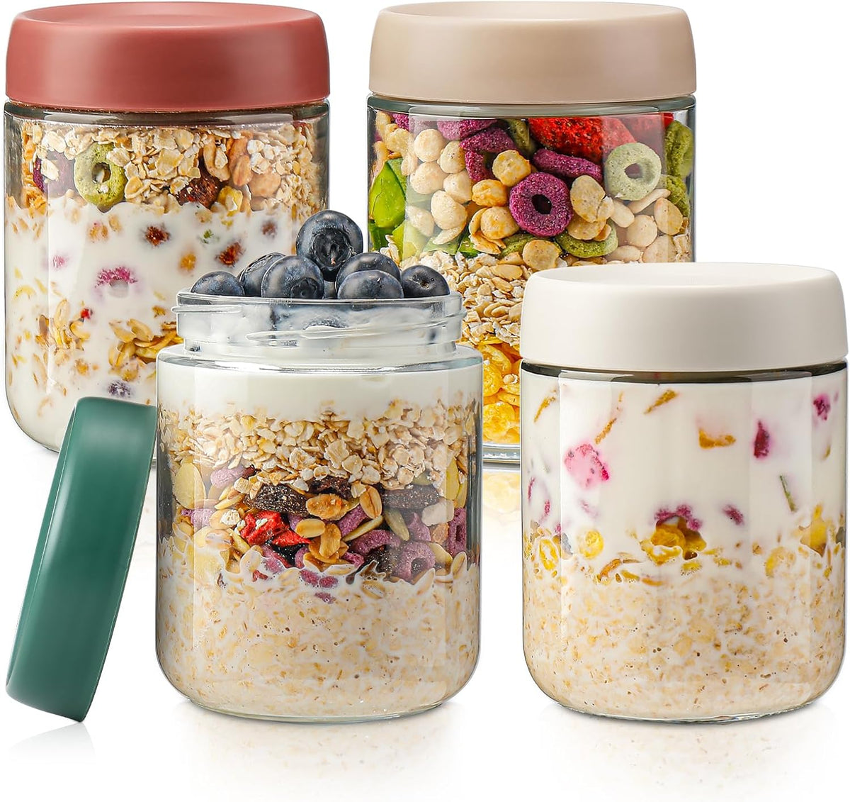 DIMBRAH Overnight Oats Containers with Lids,16Oz Glass Jars with Lids - Set of 4, Practical Oatmeal Container to Go, Chia Seed Pudding Jars, Baby Food Containers