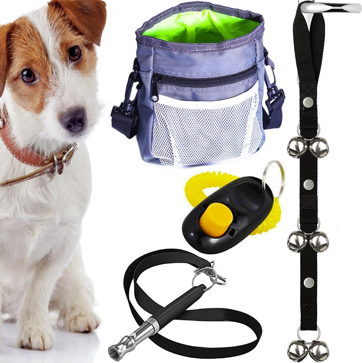 Dog Training Set, Puppy Supplies Starter Kit with Dogs Clicker, Treat Pouch Bag, Housetraining Door Bells, Ultrasonic Whistle, for Teaching Pet Commands, Bark Control, and Potty Training