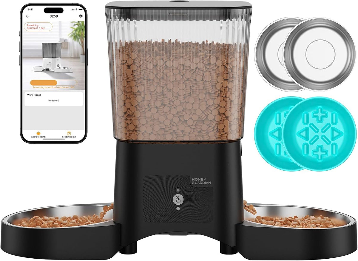 Honeyguaridan Automatic Cat Feeder for 2 Cats,3.5L Dual Cat Food Dispenser, 2.4G/5G Wifi APP Control for Multiple Cats,2 Stainless Steel Bowls & 2 Slow Feeder Anti-Choking Bowls, Dual Power
