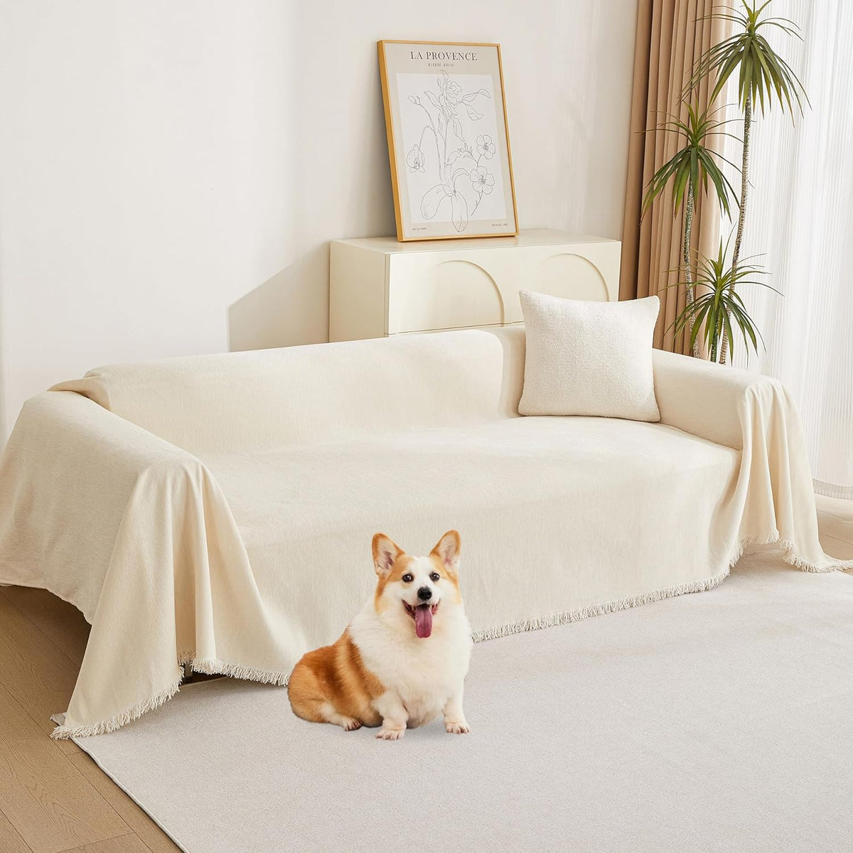 MYSKY HOME Boho Couch Cover Beige Sofa Covers with White Tassel Farmhouse Sofa Slipcover Simple Couch Protector for Dogs Chenille Sectional Couch Covers L Shaped Couch Cushion Covers, 91"X 134"