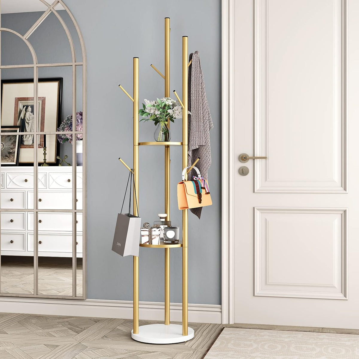DOORXIFO Metal Gold Coat Racks Freestanding, Coat Hanger Stand, Hall Tree Rack for Hanging Hats, Scarves, Bags, Modern Coat Rack with Double Shelves, Corner Coat Rack, 9 Hooks, Gold