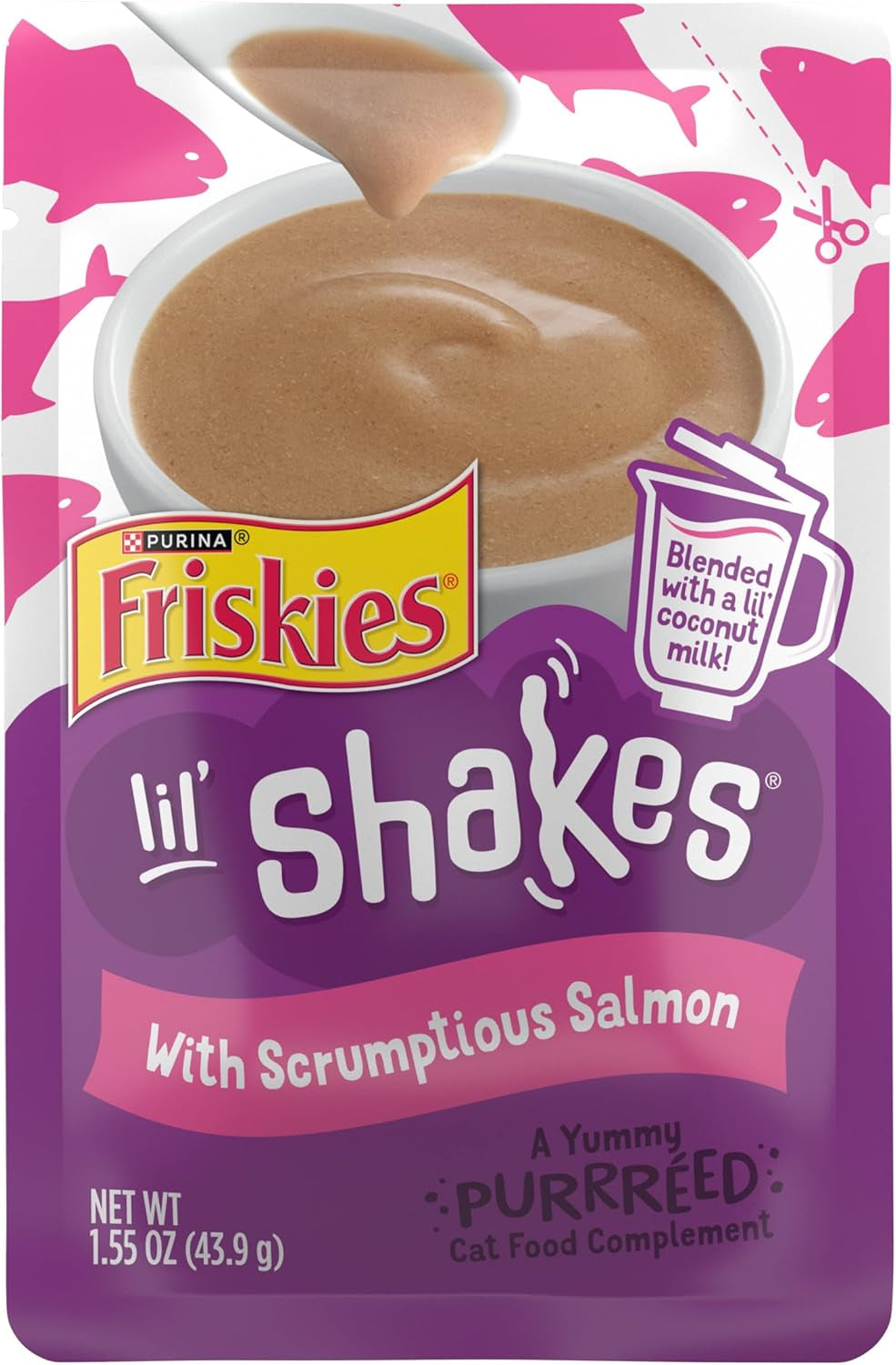 Purina Friskies Pureed Cat Food Topper, Lil’ Shakes with Scrumptious Salmon Lickable Cat Treats - (Pack of 16) 1.55 Oz. Pouches