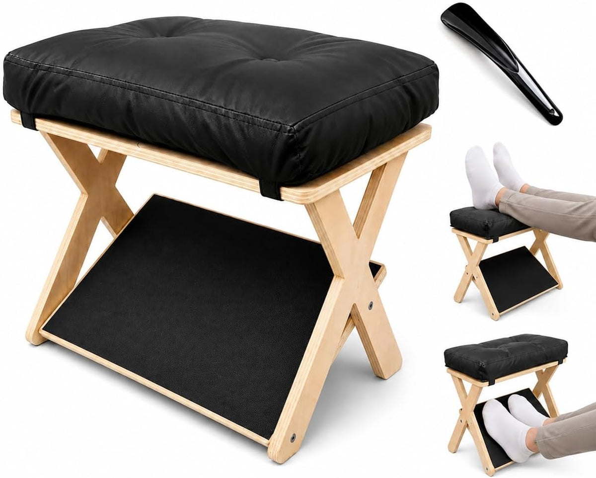 2-Tier Wooden Footrest with Cushion, Non-Slip under Desk