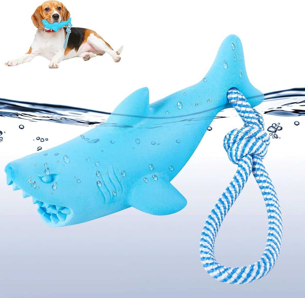 Floating Dog Chew Toy for Aggressive Chewers, Pool with Rope for Interactive Fetch & Play, Beach Set (Shark)
