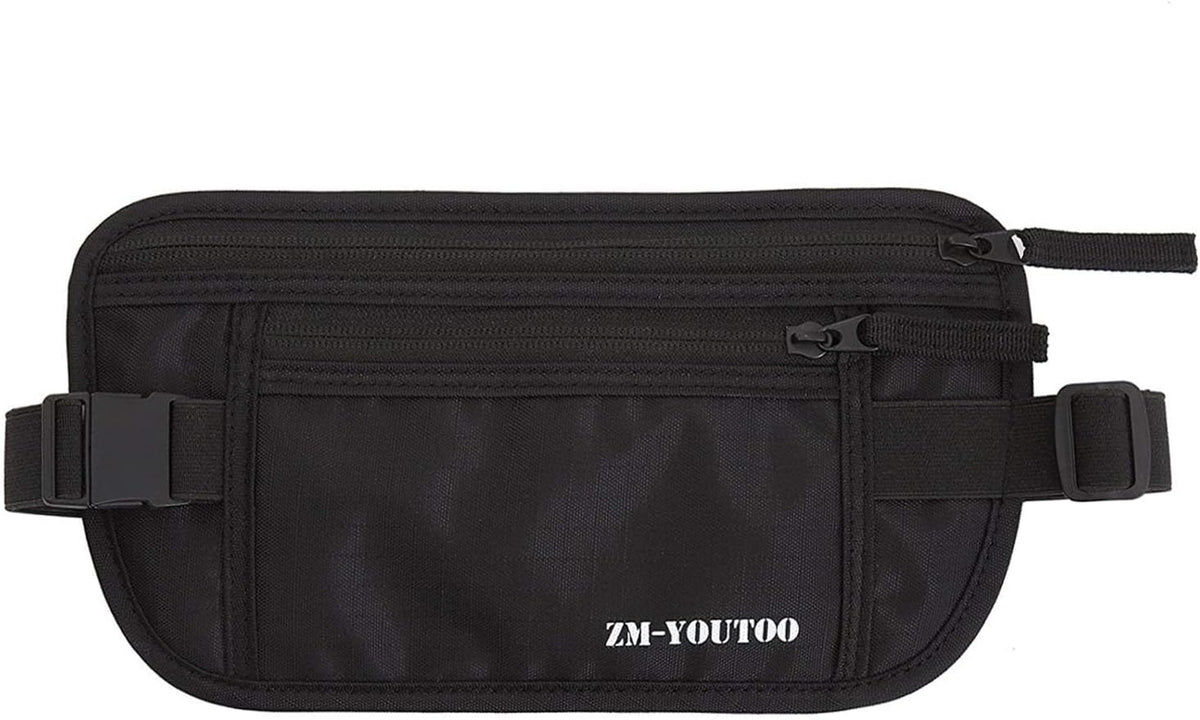 ZM-YOUTOO Money Belt for Travel - Hidden Travel Pouch Protect Your Credit and Money with RFID Blocking Passport Holder Waist Wallet (Black)