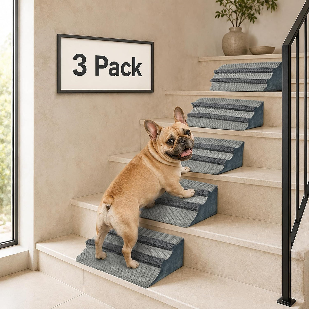 Dog Ramp for Stairs 3 Pack, Gentle Slope Pet Steps with Washable Cover, Non-Slip Adhesive Pads, Indoor Pet Ramp for Small, Medium & Senior Dogs