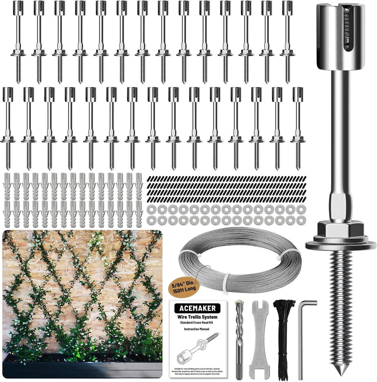 Wire Trellis Kit, 30-Set 5/64”(2Mm) Crosshead Kit with 150Ft Cable