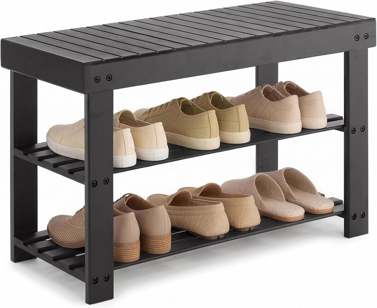 NEWBULIG Shoe Rack Bench, 3-Tier Bamboo Shoe Organizer, Wooden Entryway Storage Bench, 286 Lb Load Capacity, 11.2X27.6X17.9 Inches, for Entryway Bathroom Bedroom Balcony, Black