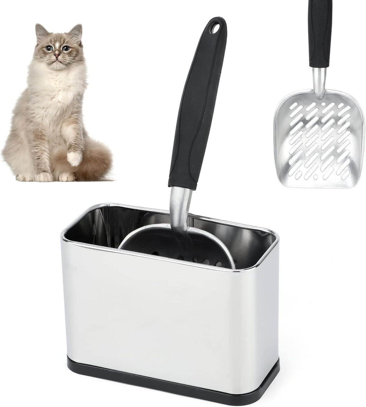 Metal Litter Scoop with Holder, Cat Litter Scooper and Caddy Set