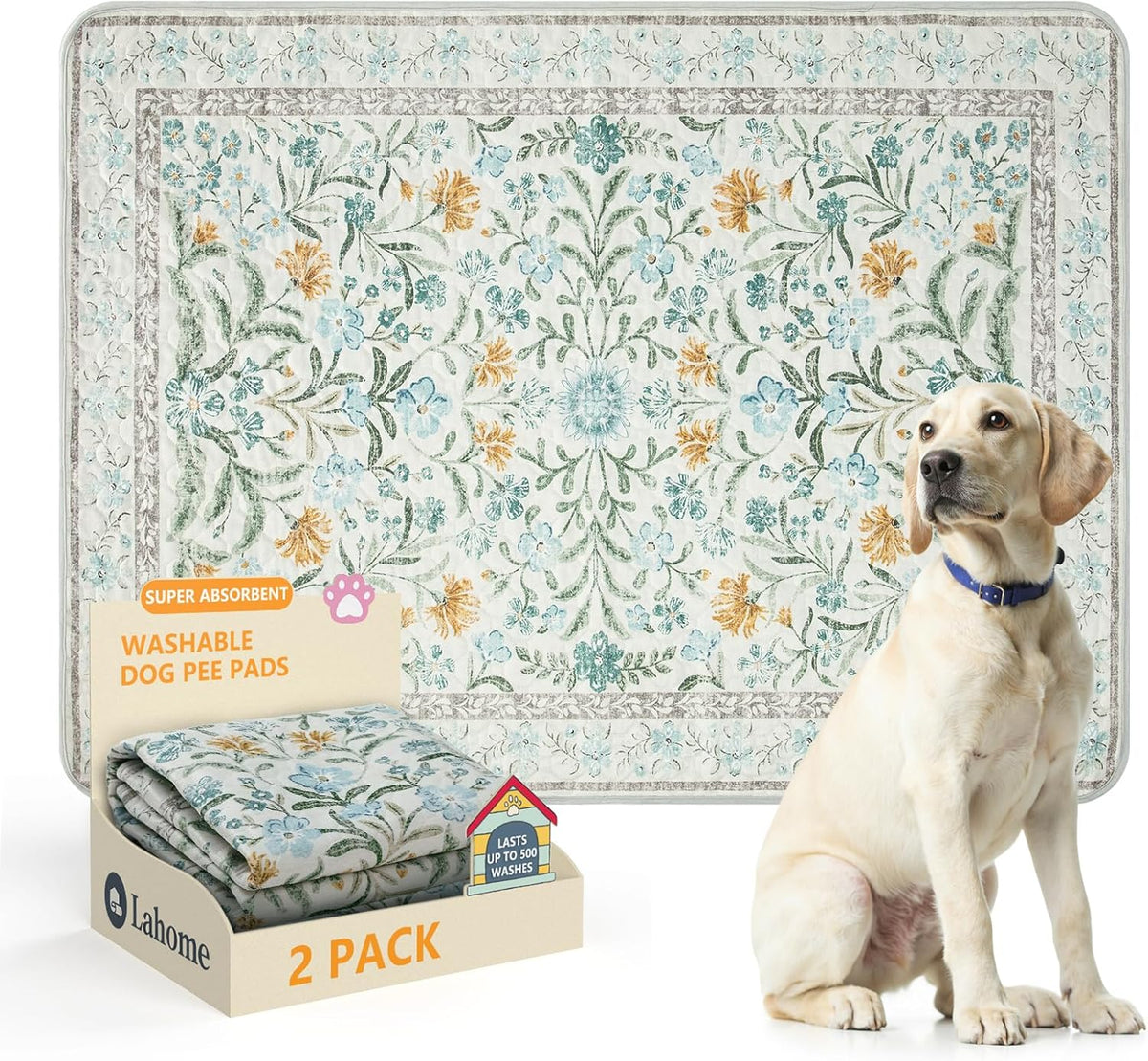 Lahome Washable Reusable Pee Pads for Dogs - Beige Botanical Floral 2 Pack Puppy Pads, Super Absorbent & Waterproof Training Mats for Crate & Floor - Leakproof with Non-Slip Backing (36"X48")