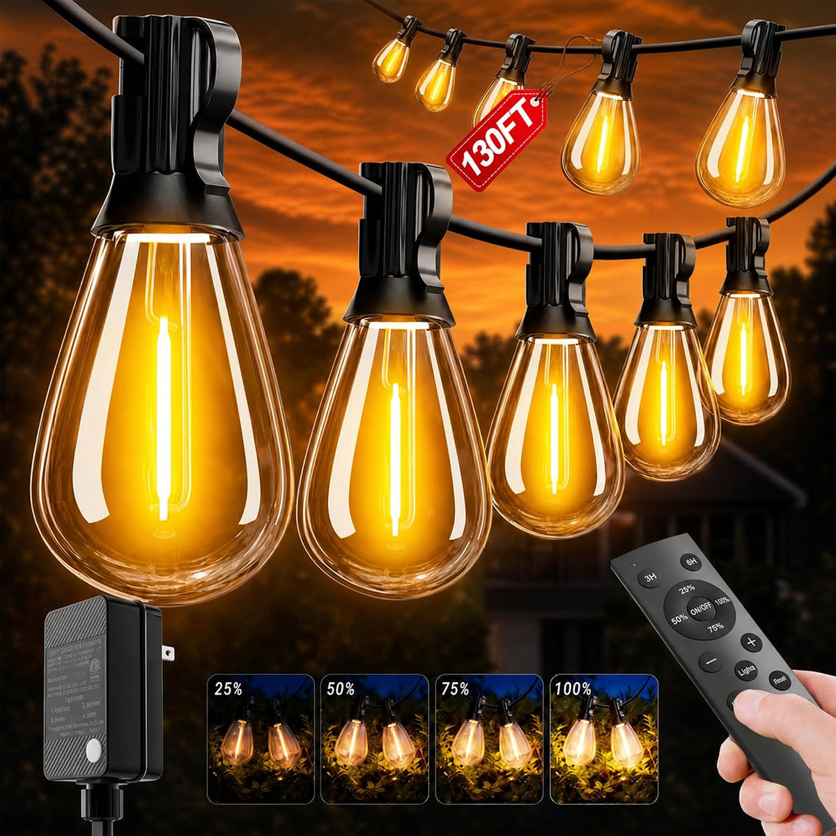 Likesky 130FT LED Outdoor String Lights with Remote Waterproof Patio Lights with Shatterproof S11 Bulbs, Dimmable outside Hanging Light Connectable for Porch Backyard Yard Garden Decor 2700K