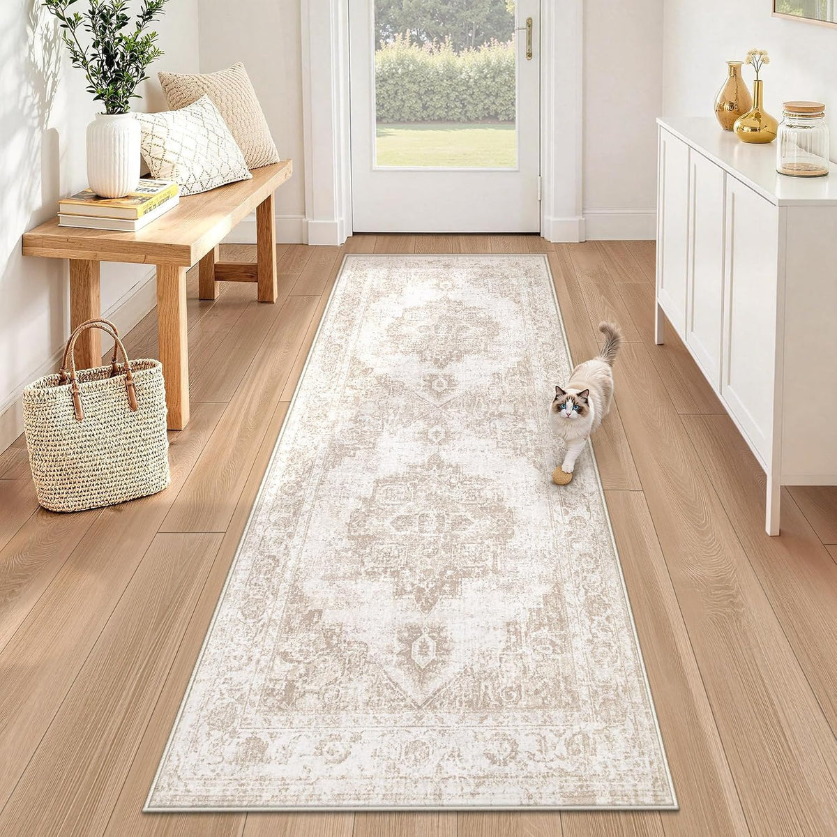 Runner Rug 2X6 Washable Rugs: Vintage Hallway Kitchen Runner Non Slip Low Pile Rug Runner Soft Stain Resistant Indoor Carpet Runners for Entryway Hall Bedroom Bedside (Beige, 2'X6')