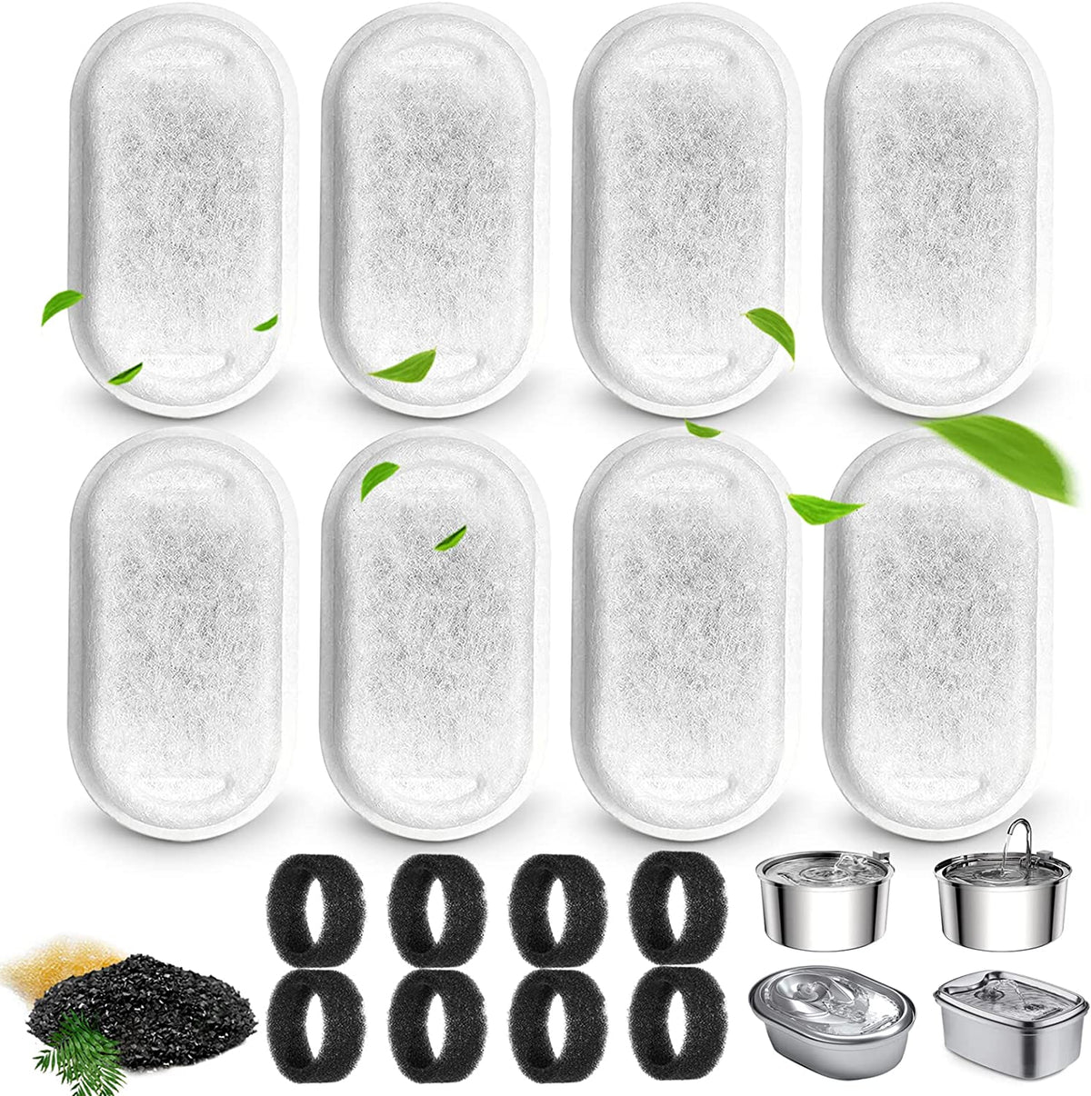 Cat Water Fountain Filters for 108/3.2L& 67Oz/2L Stainless Steel Pet Water Dispenser Fountain Filter Replacement with 8 Sponges (8 Filters&8 Sponges)