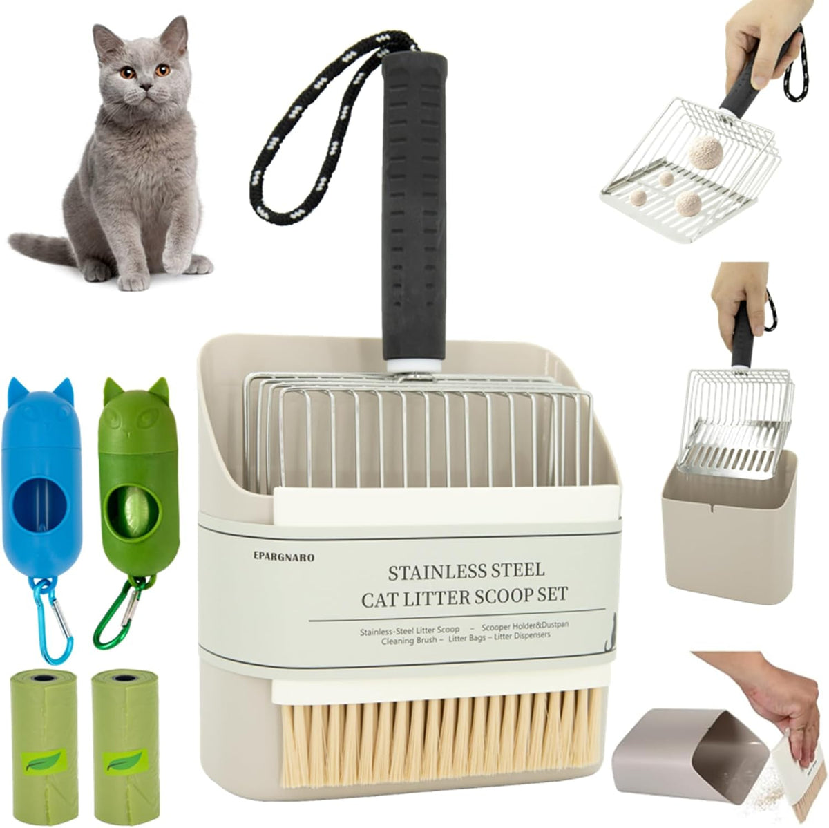 5 Pack Stainless Steel Cat Litter Scoop with Wall-Mounted Holder