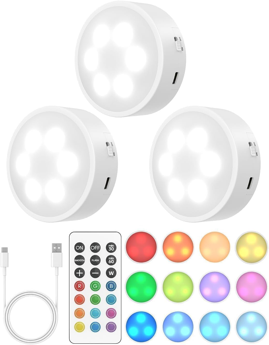 Puck Lights with Remote, Rechargeable 13 RGB Colors Tap Lights, 3 Pack