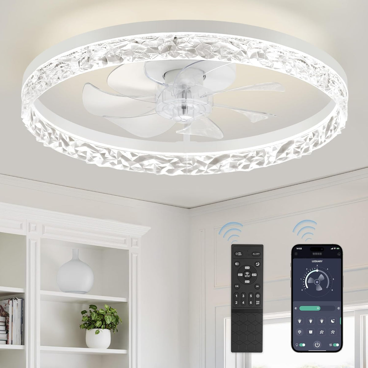 LEDIARY 20" Modern Ceiling Fans with Lights and Remote, White Fandelier