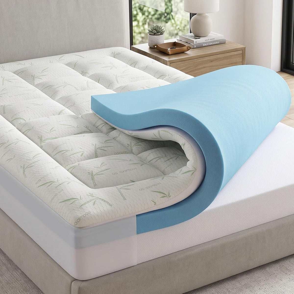 DUMOS King 3In Dual Layer Gel Memory Foam Mattress Topper, Bamboo Rayon Pad
