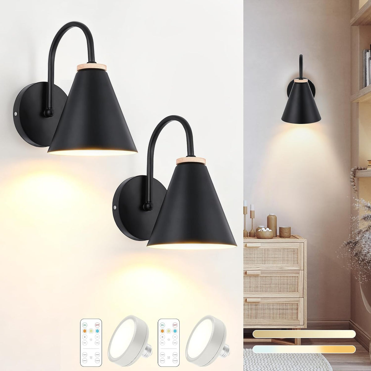 Battery Operated Black Faux-Wood Industrial Wall Sconce Set of Two, Easy to Install Not Wires, Remote Control Dimmable LED Light Bulb, Dimmable Wall Lamp Fixtures for Indoor Bedroom Farmhouse Gallery