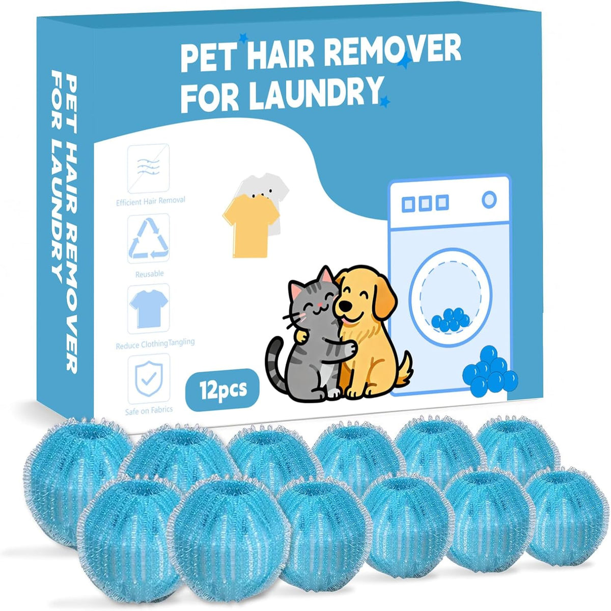 Pet Hair Remover for Laundry, Pet Hair Remover for Washer and Pet Hair Remover for Dryer, Dryer Balls Pet Hair, Reusable Dog & Cat Hair Catcher for Clothes, Bedding & Blankets, Pick of 12
