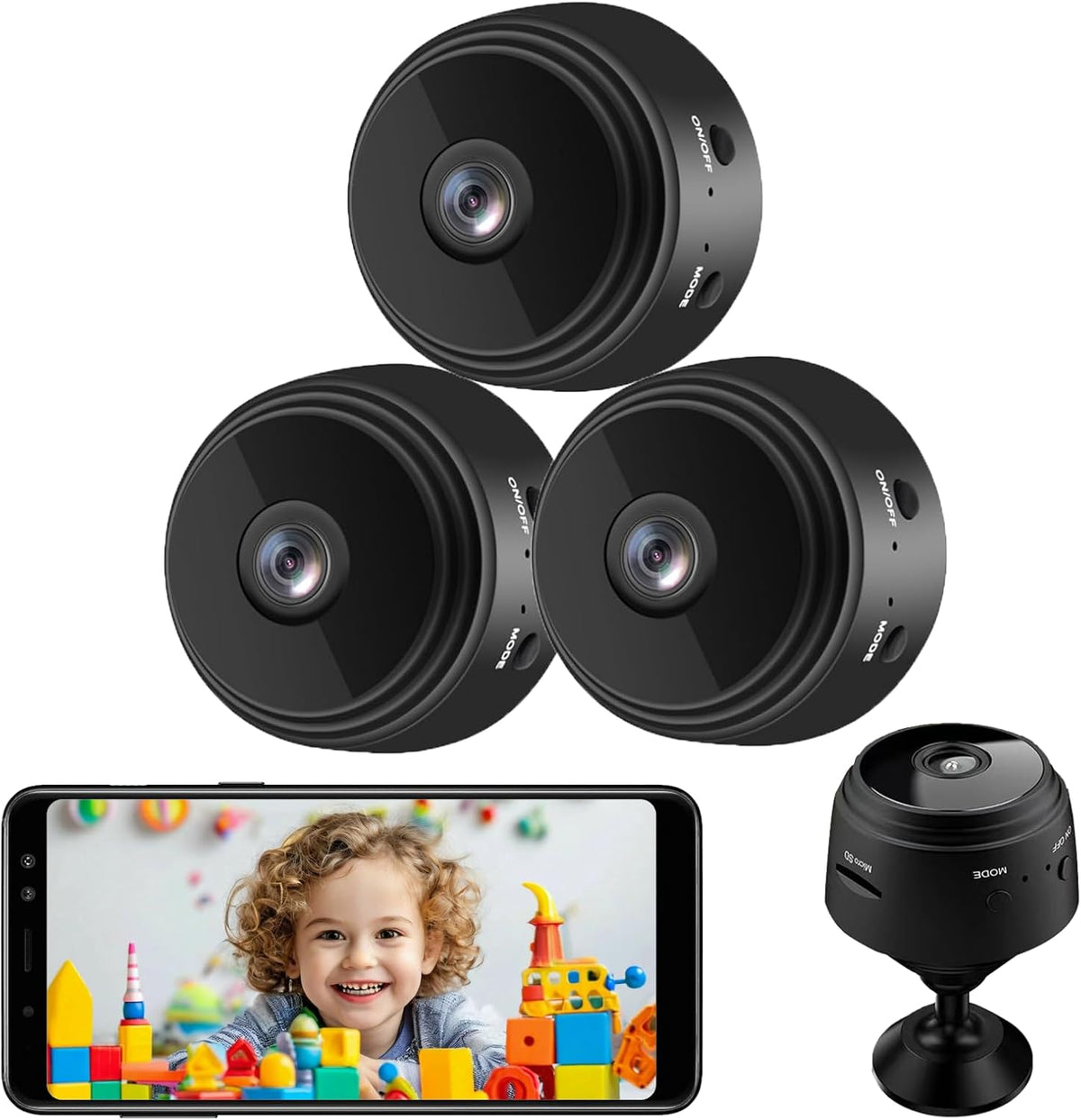 Senri 3 Pack Mini Security Camera, 1080P HD Wifi Home Indoor Outdoor Camera for Baby/Pet/Nanny, IP Camera Remote Viewing for Security with Ios,Android Phone App(Video Only)