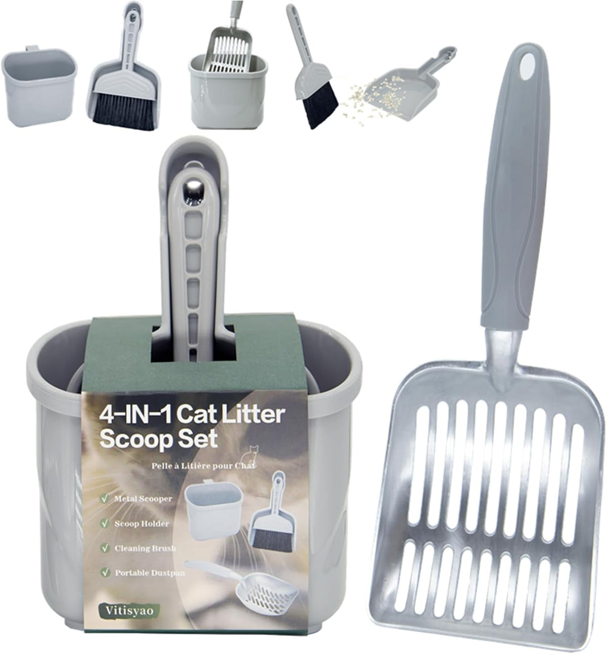 4-In-1 Cat Litter Scoop with Holder, Cat Litter Box Organizer Cleanup Kit - Portable Small Broom and Dustpan Set, Metal Kitty Litter Scooper and Storage Caddy (Gray)