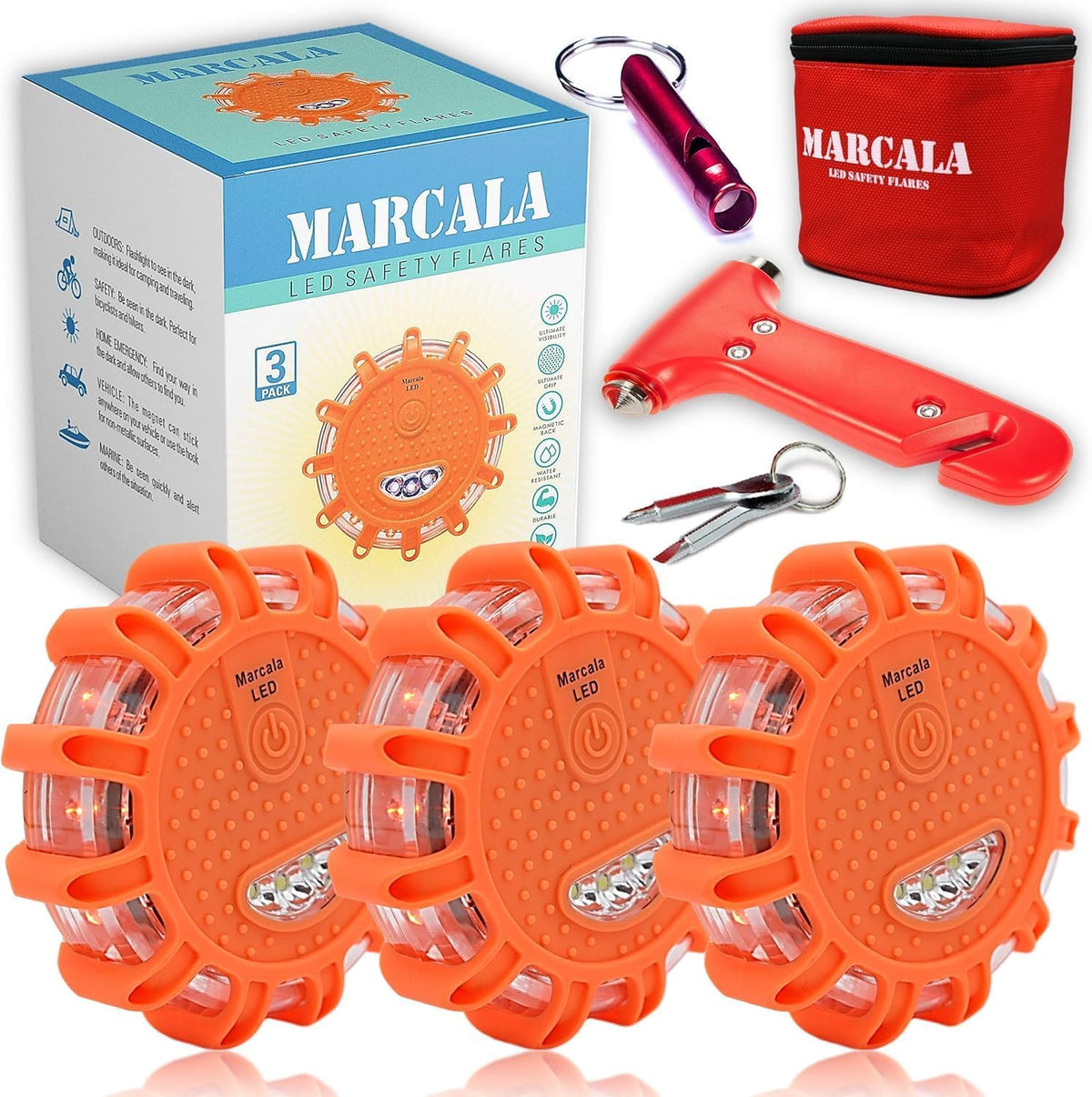 MARCALA 3‑Pack LED Road Flares | DOT Compliant Emergency Lights for Vehicles with Batteries, Whistle & Case | Flares Emergency Road | Emergency Flares | Perfect for Gifting or Everyday Roadside Safety