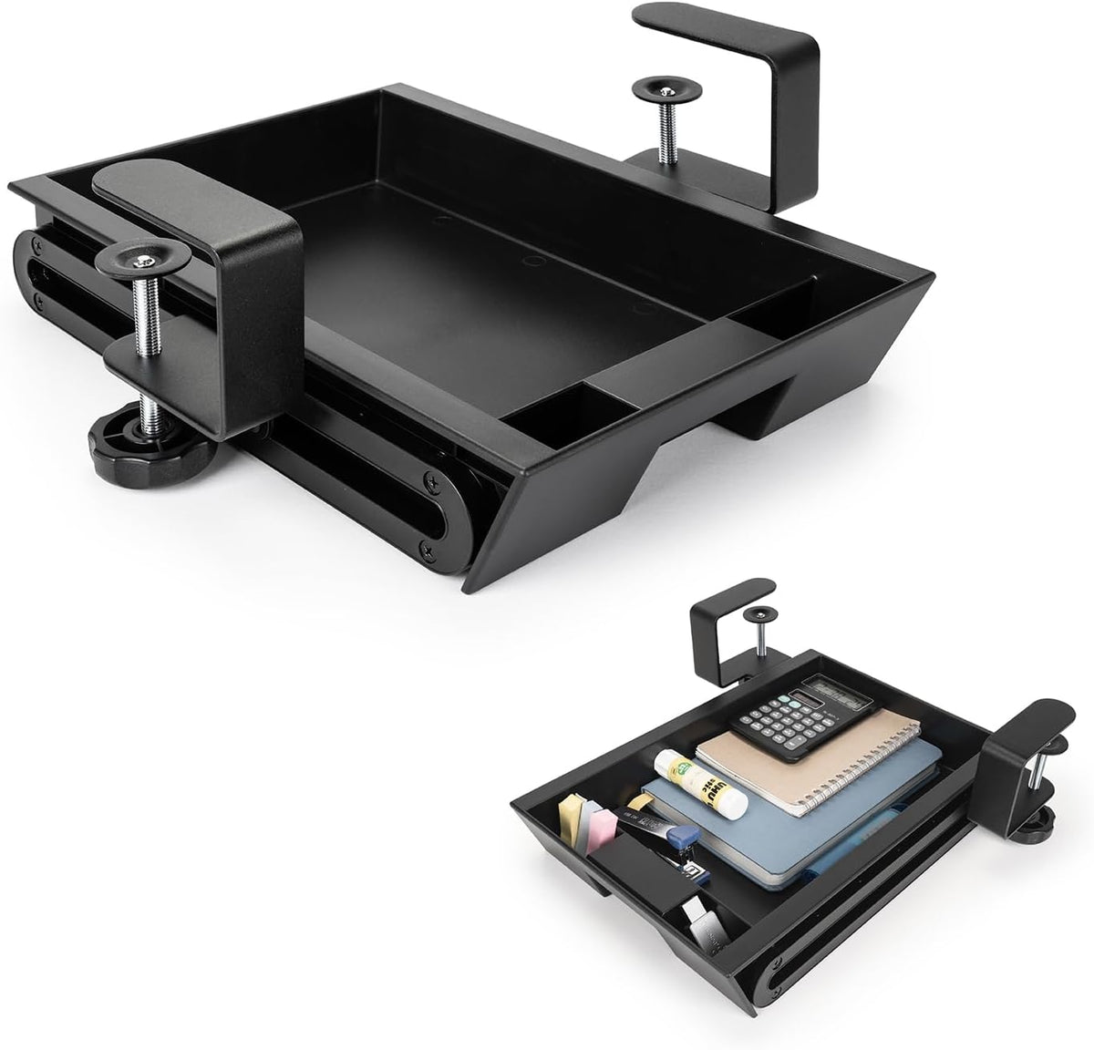 EHO under Desk Slide-Out Storage Drawer, Small 11.7"X8.2" Pull-Out Organizer with Smooth Sliding Rail, Adjustable C-Clamp Mount, Black Tray for Home Office & Standing Desk