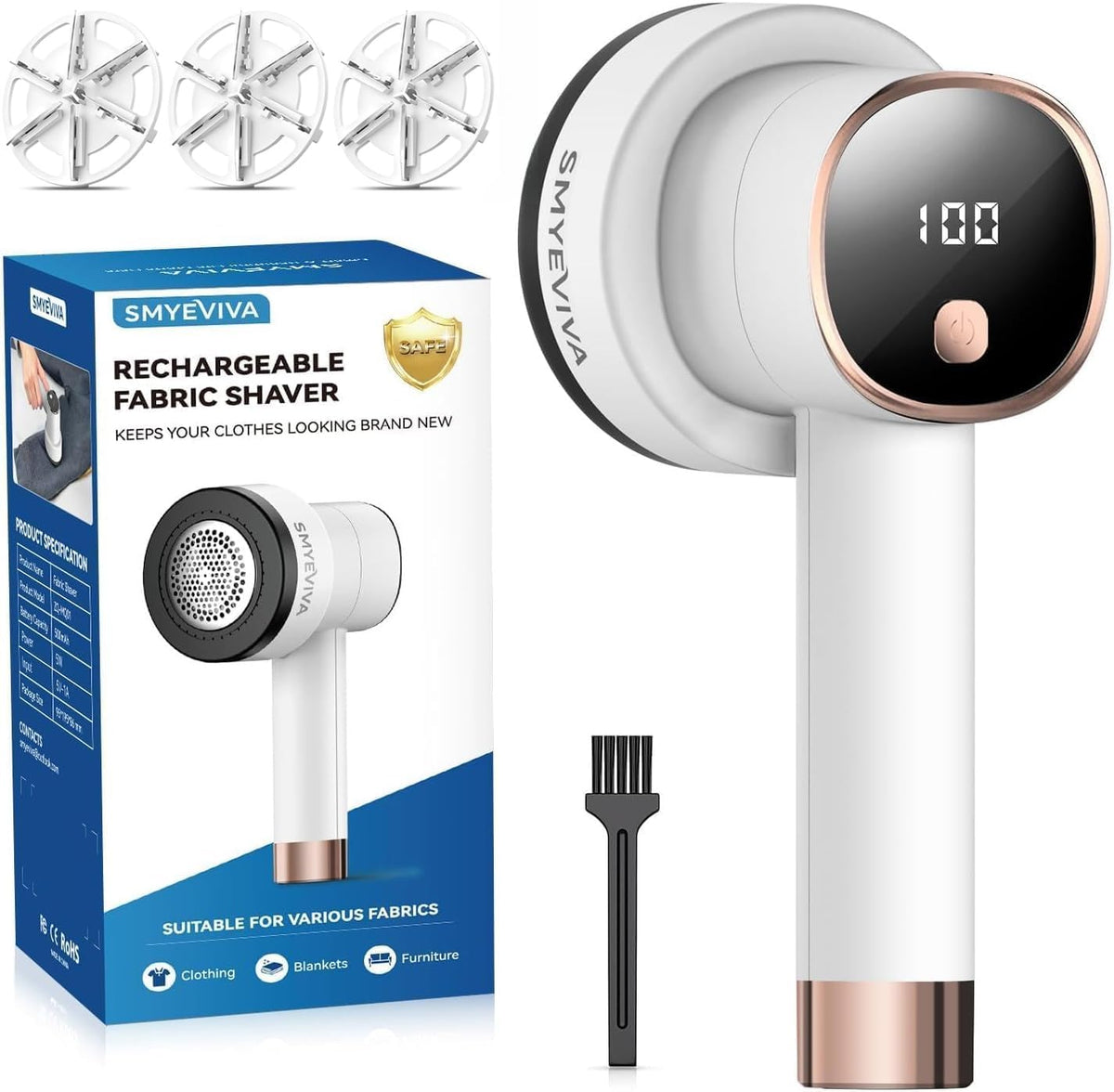 Rechargeable Fabric Shaver, 6-Leaf Blades, LED Display, 3 Speeds