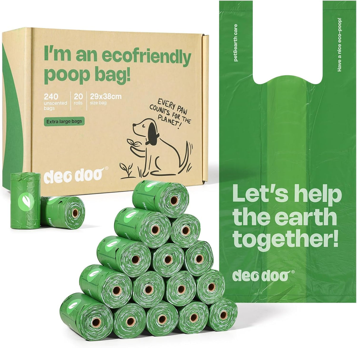 Deo Doo Dog Poop Bags with Handles, Large Size, 240 Bags, Unscented