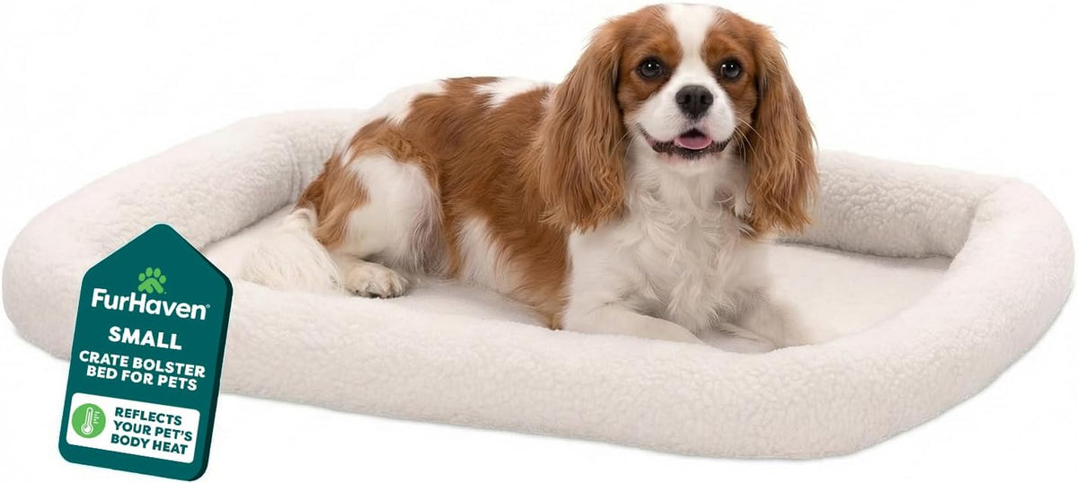 Furhaven Dog Bed for Small Dogs & Cats, Bolster Crate Pad with Soft Supportive Base for Carriers & Kennels, Machine Washable, Small, Sherpa Fleece, Cream