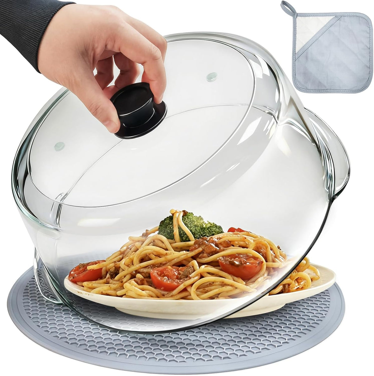 Glass Microwave Splatter Cover with Glove and Mat for Food, 10In Guard Lid