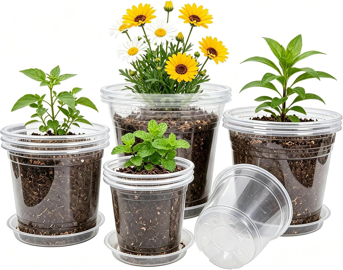 4/5/6/7 Inch 20 Pack Clear Nursery Pots with Drainage and Saucer,Plastic Nursery Pots for Succulents Transparent Variety Pack Plastic Plant Pot Seed Starter Pots Flower Pots