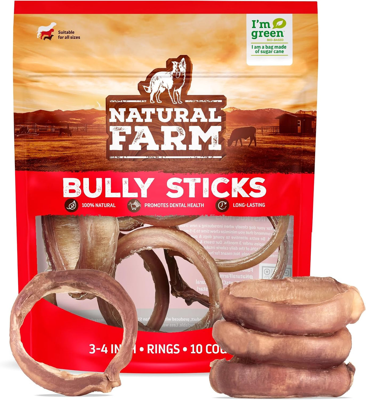 Natural Farm Odor Free Bully Sticks Ring Shaped (3-4 Inch, 10 Pack) - 100% Beef Chews for More Engagement & Fun, Grass-Fed, Non-Gmo, Fully Digestible - Best for Small & Medium Dog Chewers