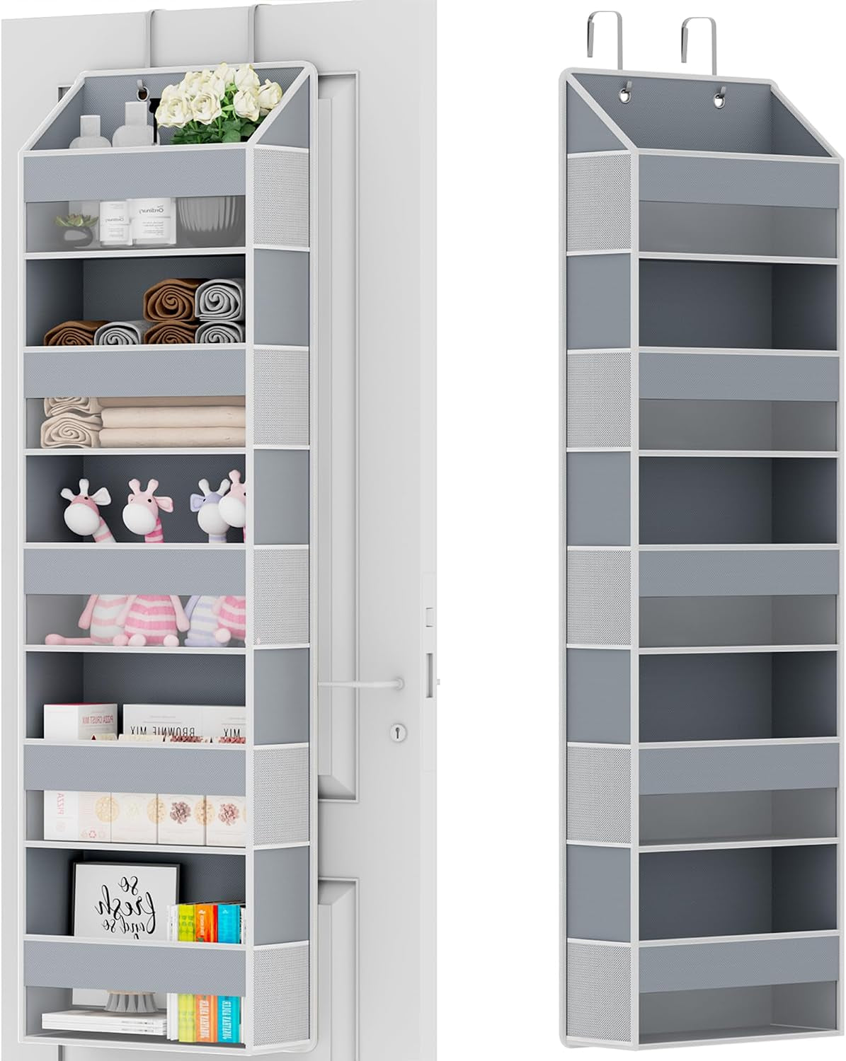 Over the Door Organizer - over Door Storage Organizer with 5 Large Pockets & 10 Mesh Side Compartments - Heavy-Duty Hanging Storage for Bathroom, Bedroom & Closet - Baby Room Organize - Grey