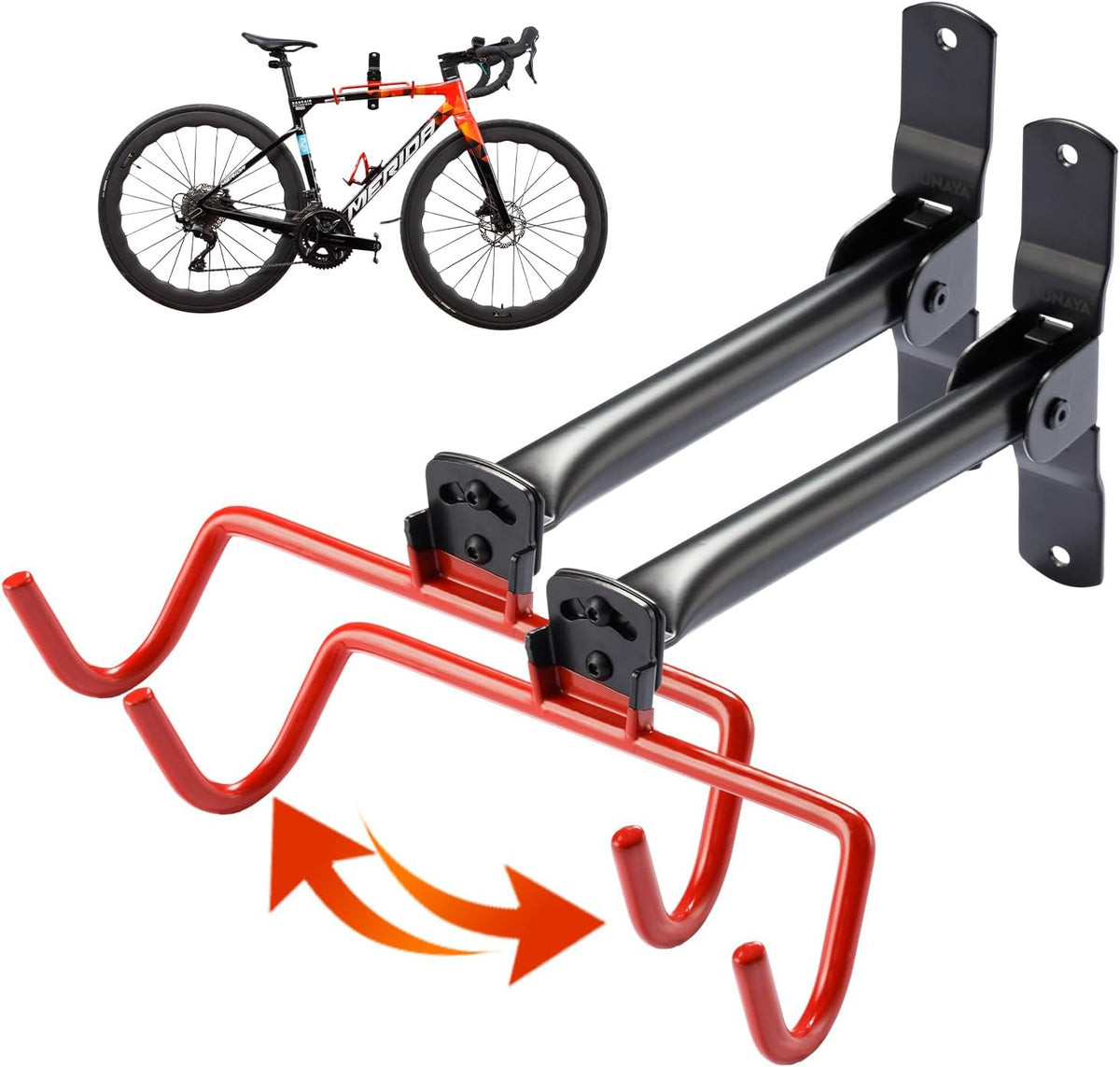 PHUNAYA Wall Mount Bike Rack,Bike Hanger Horizontal,Bicycle Holder Heavy Duty,Garage Bike Storage,Garage Organization Bicycle Hook with Rubber,Foldable and Adjustable Angle(2 Pack)