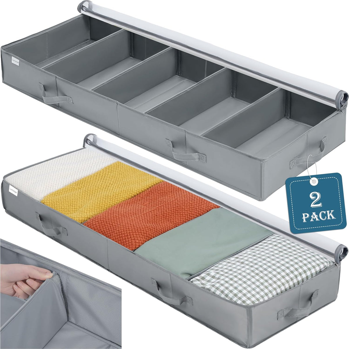 Under Bed Storage Containers, 2 Pack under the Bed Bags, Clear Underbed Storage Bins with Sturdy | Adjustable Dividers | Sidewalls | Bottom, Closet Organizer for Clothes Sheet Blankets, 47.5X16X6In