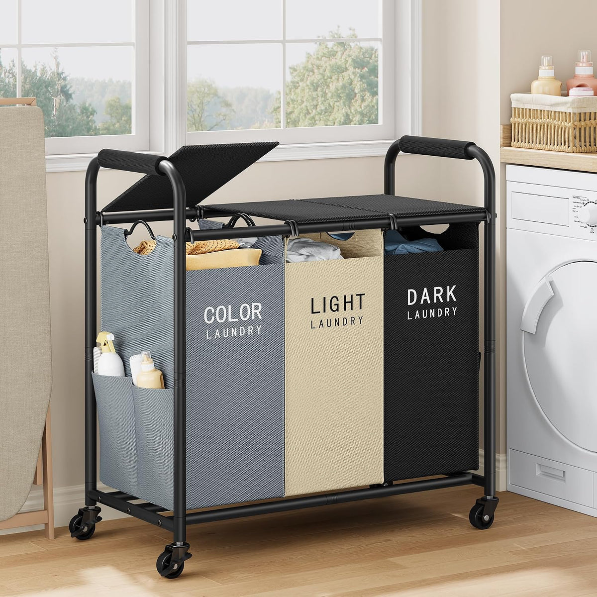 Tajsoon Laundry Sorter 3 Section, Laundry Hamper with Wheels and Lid, 147L