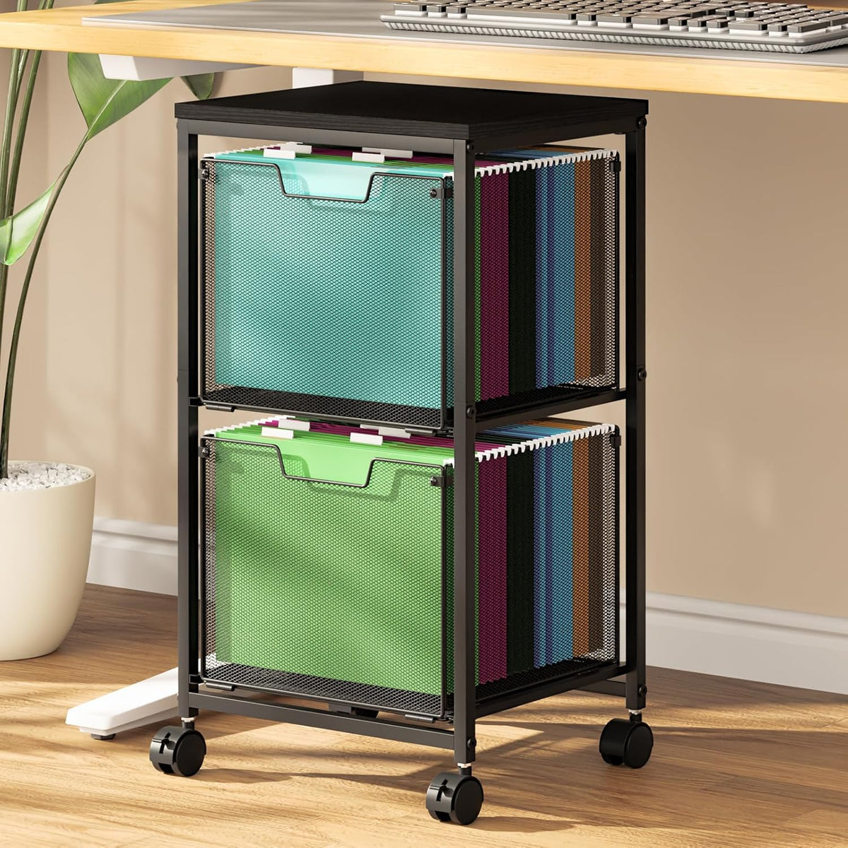 Rolling File Cart with 2 Storage Drawers, Mobile File Cabinet with Wheels, Hanging File Folder Organizer, under Desk Storage, Printer Stand Utility Cart Filing Cabinet for Home Office,Black