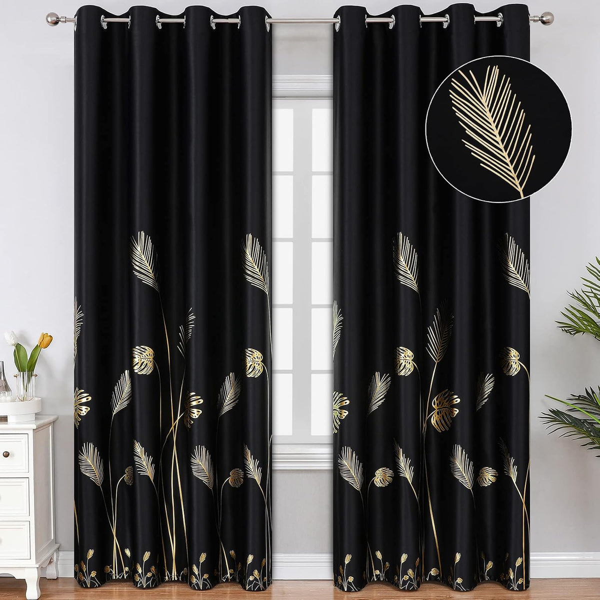 Estelar Textiler Black Blackout Patterned Curtains for Bedroom 52Wx84L Long