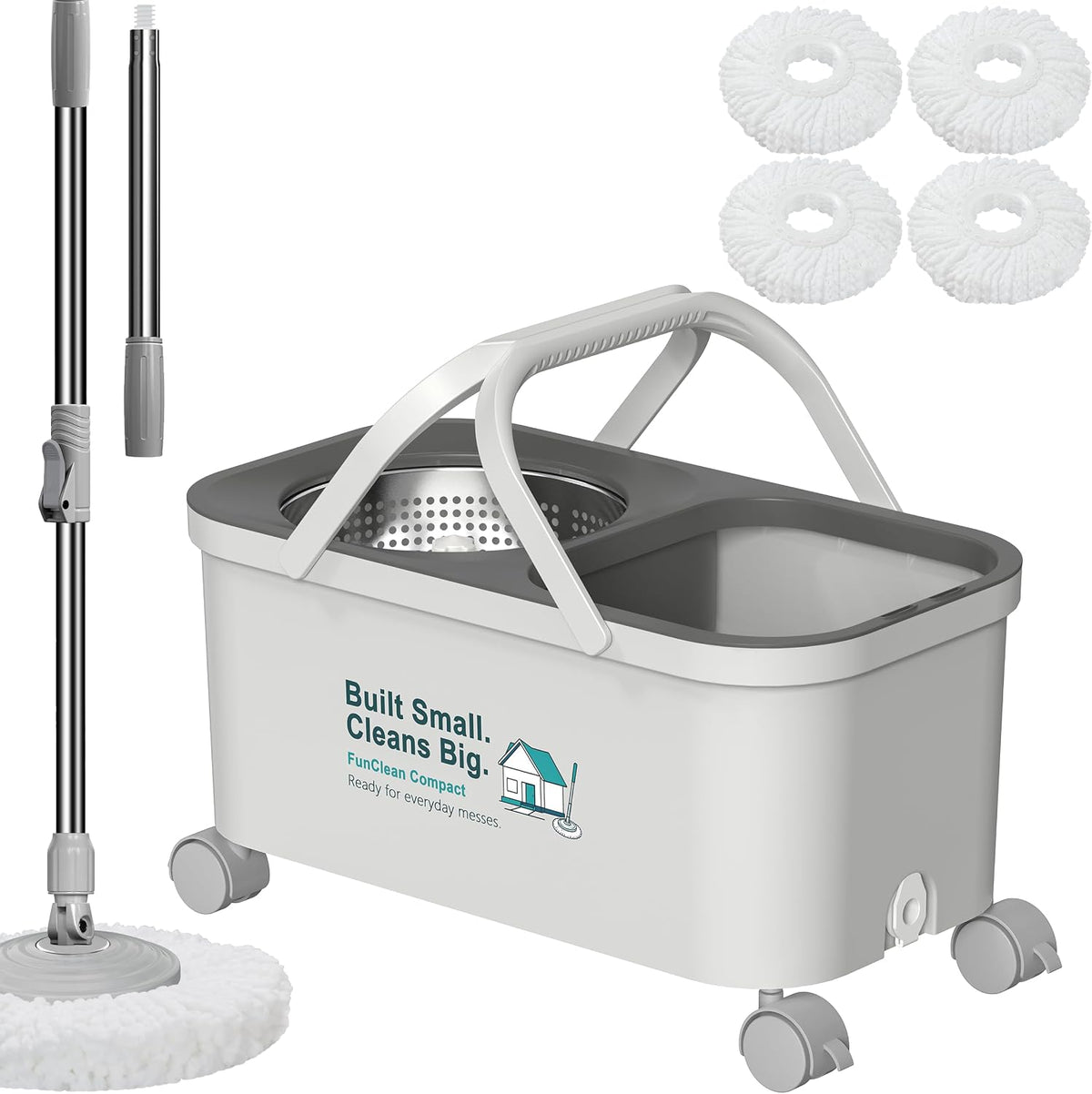 Funclean Compact Mop Bucket Set, 4 Swivel Wheels, 1.5 Gal Capacity,Grey